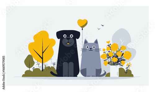 Adorable Black Dog and Gray Cat with Heart Balloon in Flat Cartoon Style