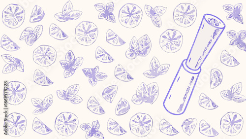 Patterned background with citrus slices and basil leaves surrounding a lipstick tube illustration
