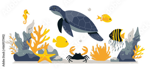 Colorful Cartoon Underwater Scene with Sea Creatures and Coral