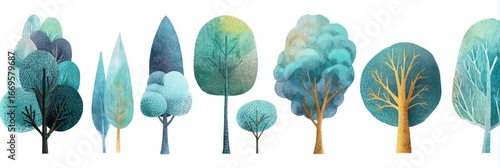 Collection of stylized teal and gold trees