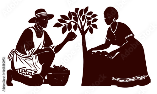Hand Drawn Silhouette of Two People Harvesting Fruit from Tree
