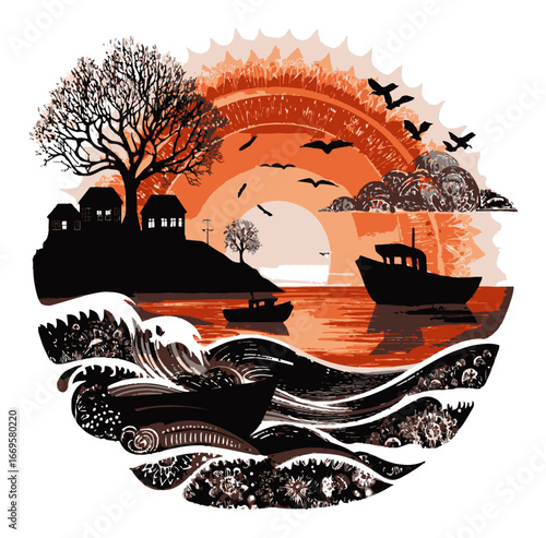 Sunset Landscape with Tree, House, Boat, Waves, and Birds Illustration