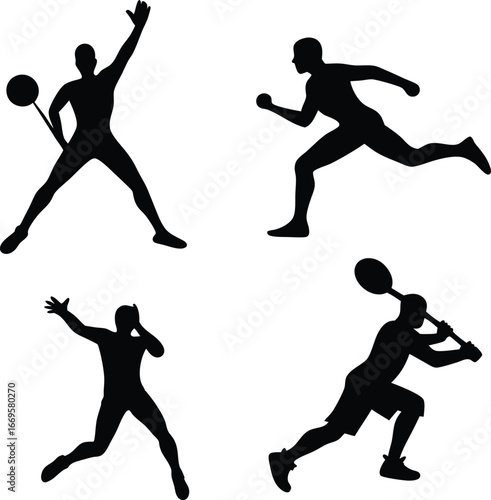 Four Silhouette Illustrations of Badminton Players in Action on White Background