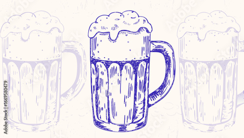 Three beer mugs with frothy beer displayed in a sketch style on a white background in a symmetrical design