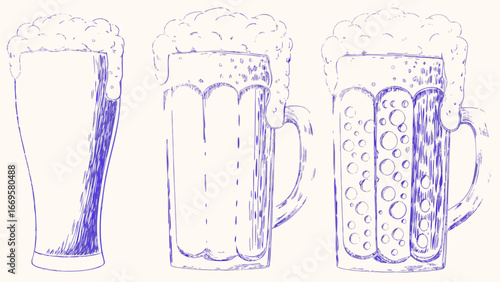 Illustration of three beer glasses with overflowing foam in a sketch style on a light background