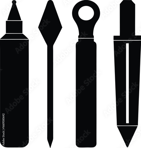 Four Distinct Black Vector Designs Representing Stylized Tools or Gaming Accessories