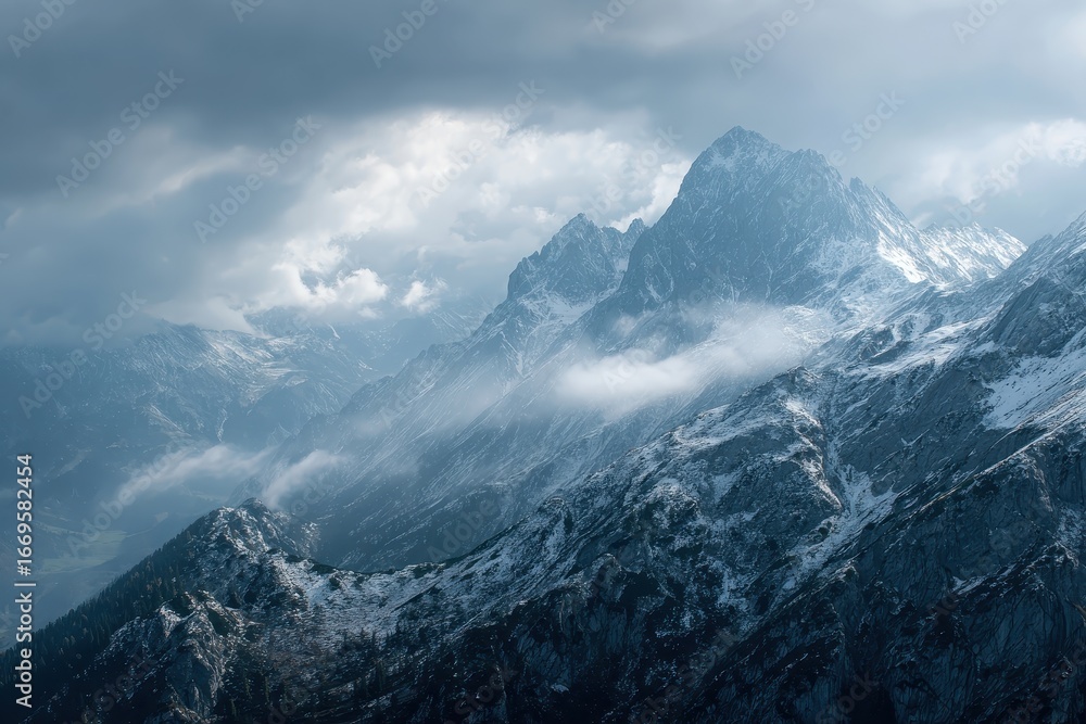 Fototapeta premium Majestic mountain landscapes in Austria with dramatic clouds and rugged peaks under a moody sky during late afternoon light
