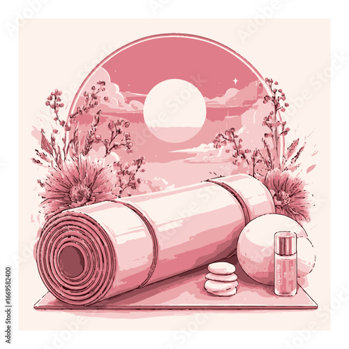 Tranquil Yoga Scene with Mat, Stones, and Natural Elements in Pink Tones