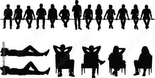 Group of people sitting, lying, relaxing, talking, on bench, chair, floor, black silhouette, white background, casual poses, community, social interaction, teamwork, leisure time