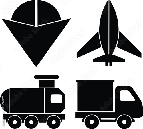 Four Black Vector Designs of Transportation Ship, Airplane, Train, and Truck Illustrations
