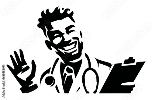 Happy Doctor Smiling and Waving with Clipboard in Black and White Style