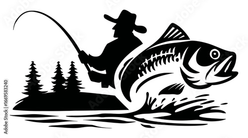Fisherman Casting Line with Jumping Fish and Trees in Background