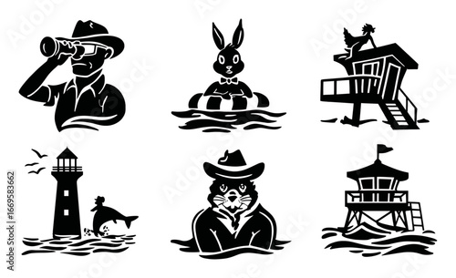 Black Silhouette Illustrations of Outdoor Activities and Wildlife Scenes
