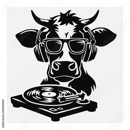 Cool Cow DJ with Headphones and Sunglasses Mixing on Turntables
