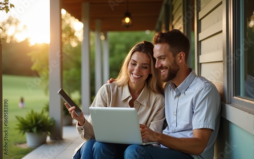Young stylish couple work or spend leisure time with laptop computer and digital tablet on porch of their country house. Concept of remote work at cozy home atmosphere. High quality