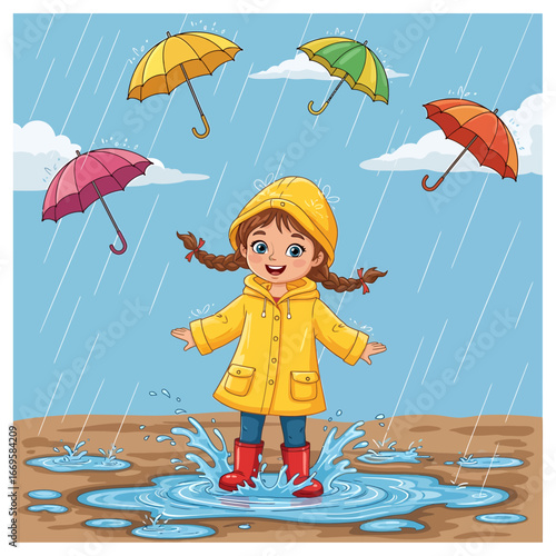Cheerful cartoon girl in yellow raincoat, red boots, joyfully splashing water.