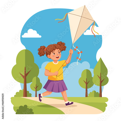 Cheerful cartoon girl with brown pigtails in a yellow shirt running happily while flying a white kite.