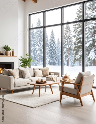 Modern living room with large window showcasing snowy forest