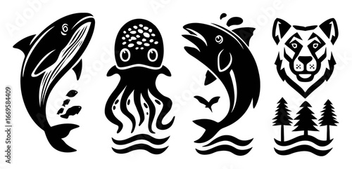 Black and White Silhouettes of Ocean Animals and Forest Life