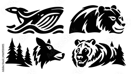 Black Silhouettes of Wildlife Including Bear, Wolf, and Moose Designs
