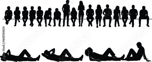 Group of people sitting, relaxing, lying down, silhouettes on white background, casual poses, friendship, social interaction, diverse community, leisure lifestyle, teamwork, resting moments