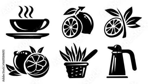 Black Silhouettes of Coffee, Citrus Fruits, Herbs, and Kitchen Utensils