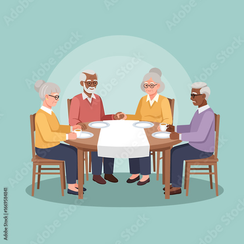 Four Elderly People Sitting Around a Table, Holding Hands, Sharing Meal.