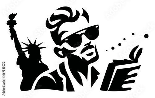 Stylish man reading book with Statue of Liberty silhouette in background