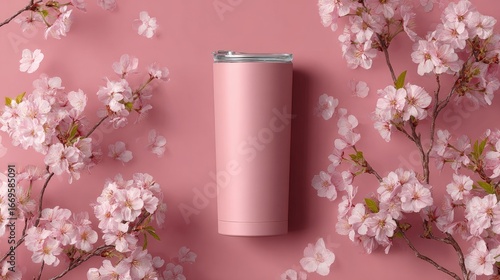 Pink tumbler surrounded by cherry blossoms on a blush pink background