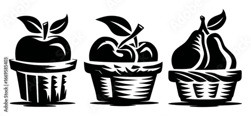 Black and White Illustrations of Fruit Baskets with Apple, Cherry, Pear