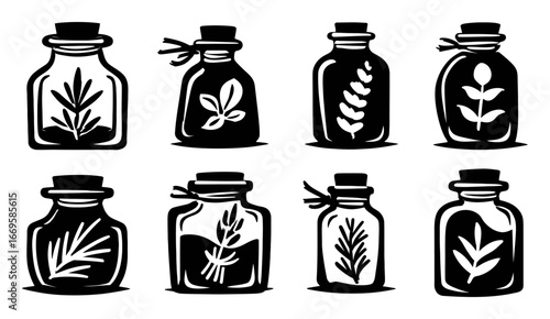 Vintage Black and White Illustrations of Glass Jars with Herbs