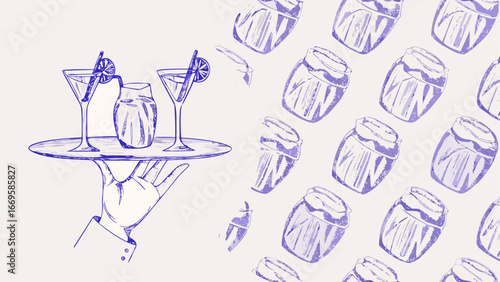 Hand holding tray with cocktails and a pitcher against a background of repeated mason jars pattern