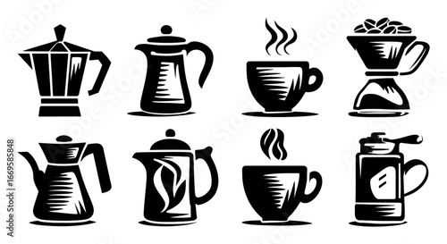 Various Coffee Brewing Methods Illustrated in Black and White Styles