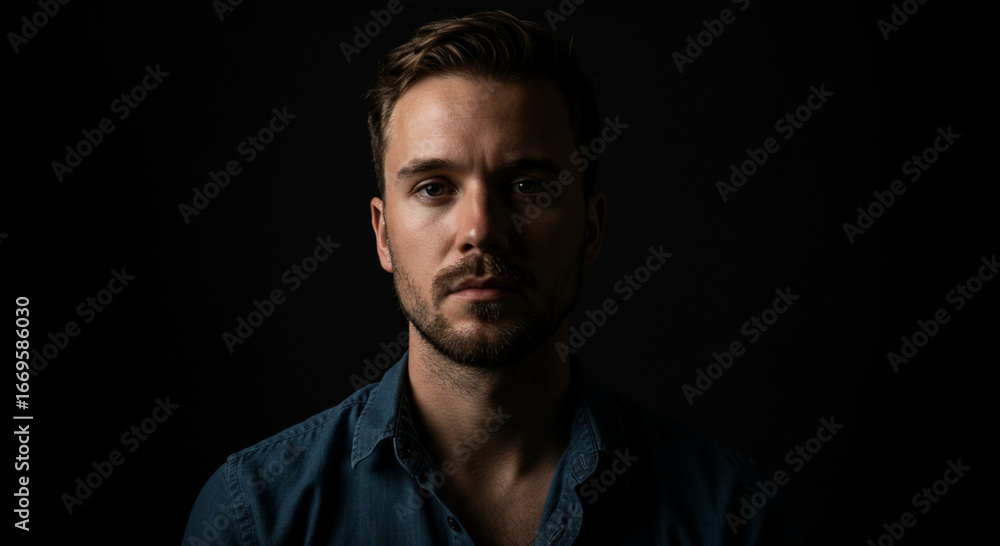 Fototapeta premium Portrait of a Young Man with Beard Against Dark Background