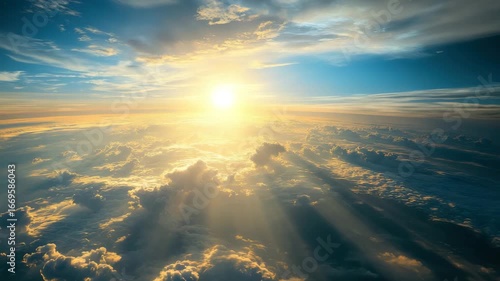 Sunrise above clouds with golden sunlight breaking through blue sky, creating peaceful and inspiring atmosphere over vast horizon in early morning nature scene