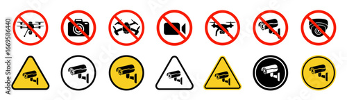 Camera icon. Cctv icons. Security camera vector set. No drone zone. No fly zone.