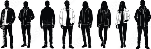 Silhouette of stylish people standing, casual fashion figures, men and women group, modern clothing concept, black and white vector illustration, urban outfit collection