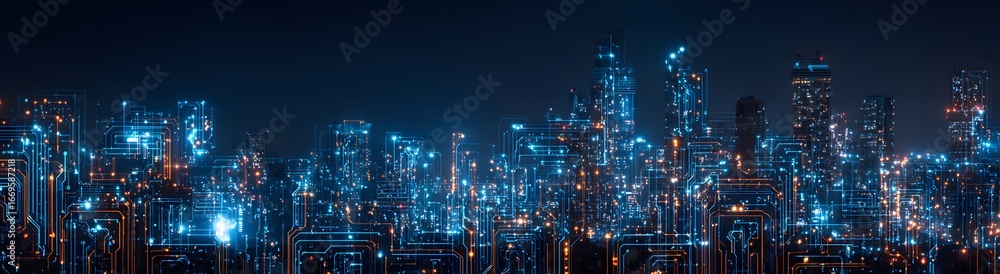 Fototapeta premium Futuristic city skyline overlaid with glowing circuit board elements, concept of AI-driven smart cities and automation, copyspace