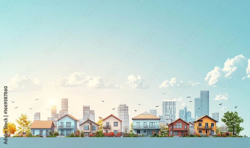 Obraz premium Illustrative concept of the housing market, showcasing residential real estate development, property investment growth, and the upward trend in housing sales and prices, Generative AI