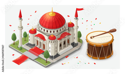 Vibrant 3D Cartoon Palace and Drum with Festive Elements