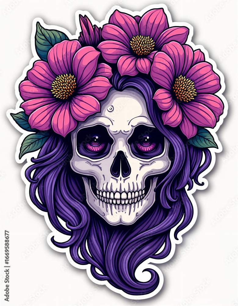 Fototapeta premium Sugar Skull Girl: Vibrant Purple Hair, Pink Flowers, Day of the Dead Style, Vector Illustration.
