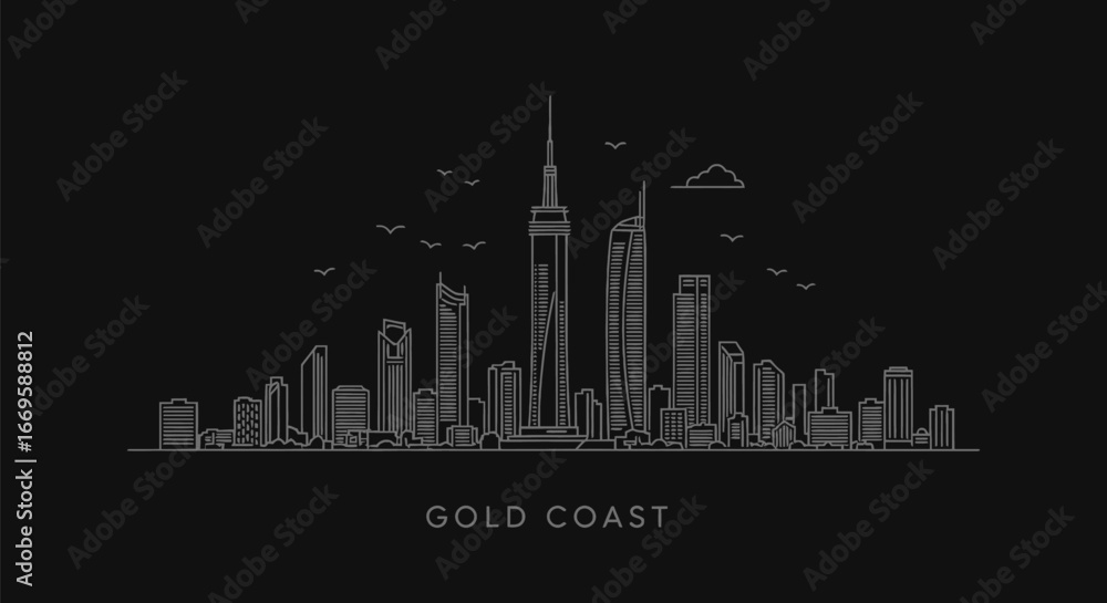Fototapeta premium Gold Coast skyline with line art, Australia, and minimal.