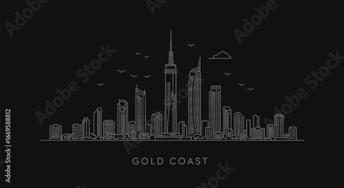 Gold Coast skyline with line art, Australia, and minimal.