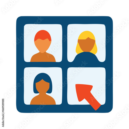 Four people in a video call as one participant exits. Suitable for communication, virtual meetings, work from home, online collaboration themes.