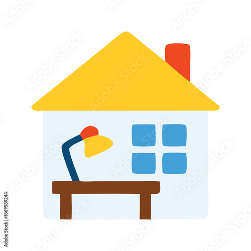 Interior of a small house with a cozy desk and lamp, perfect for real estate, decor, home organization, or small business concepts.