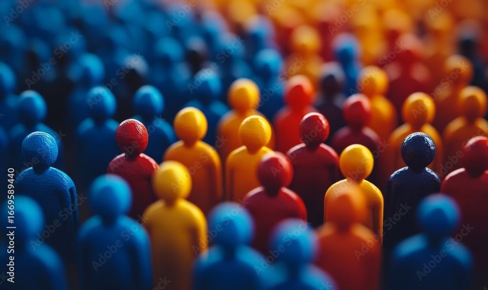 Fototapeta premium Diverse crowd of stylized people, showcasing the concept of social equity. This visual emphasizes fairness, inclusion, and equal opportunities in society, regardless of individual, Generative AI