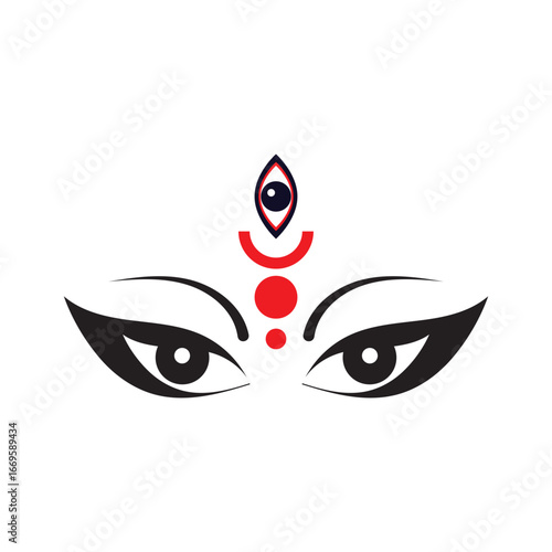 Goddess Durga eyes symbol with red bindi. Illustration of Goddess Durga eyes with traditional red bindi and third eye, representing Hindu spirituality, worship, and Navratri festival.

