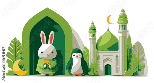 Cute Rabbit and Penguin Characters with Green Landscape Illustration