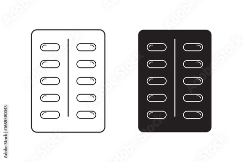 Pill blister pack icons. Thin linear graphic pictogram for website