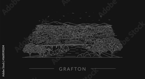 Grafton Townscape Line Art with Black Background.
